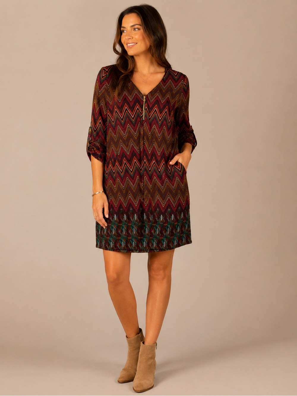 Tacera Chevron Print Zip Front Shift Dress‎ Roll Tab Sleeves Size S
